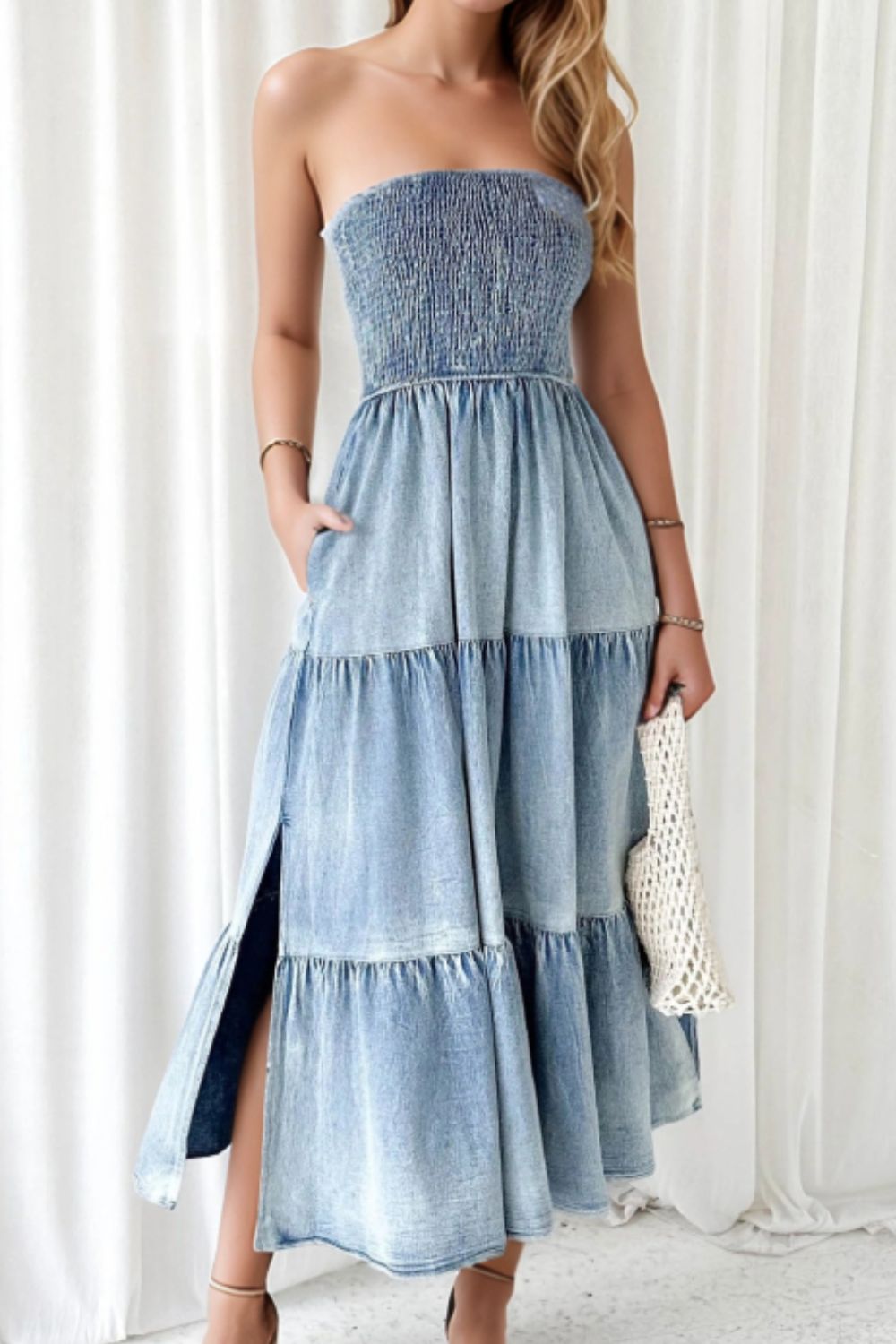 Smocked Tube Slit Tiered Denim Dress - Smart Shopper