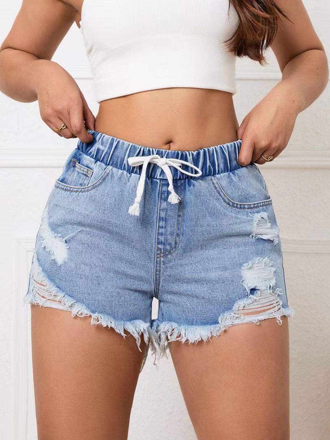 Distressed Drawstring Raw Hem Denim Shorts - Smart Shopper