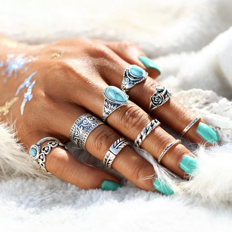 Artificial Turquoise Alloy Ring 10-Piece Set - Smart Shopper