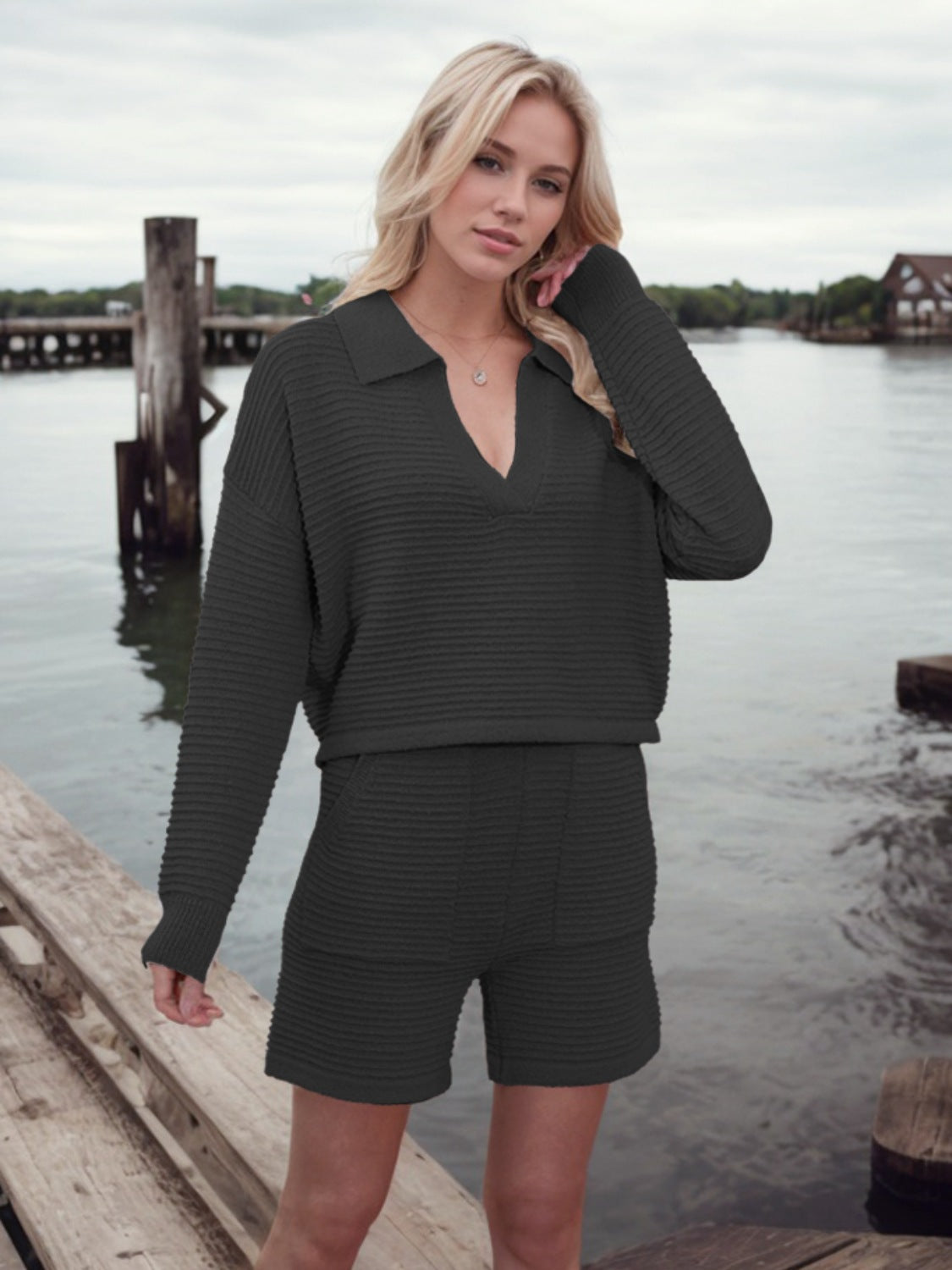 Johnny Collar Long Sleeve Top and Shorts Sweater Set - Smart Shopper