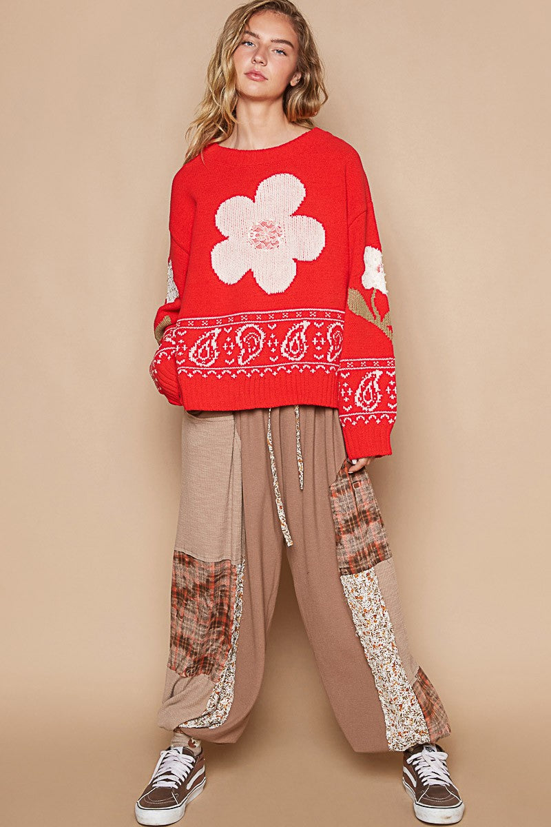 POL Flower Lace Patch Long Sleeve Sweater - Smart Shopper