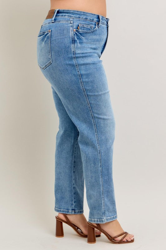 Judy Blue Full Size Tummy Control Vintage Wash Straight Jeans Plus Size - Smart Shopper