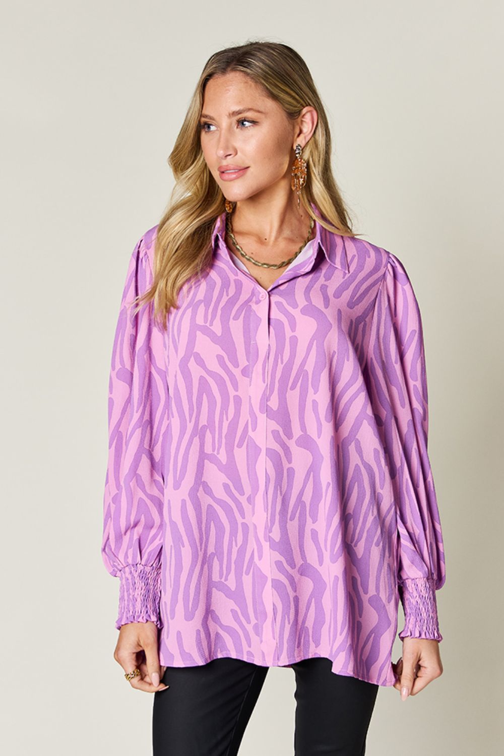 Double Take Full Size Printed Smocked Long Sleeve Blouse - Smart Shopper