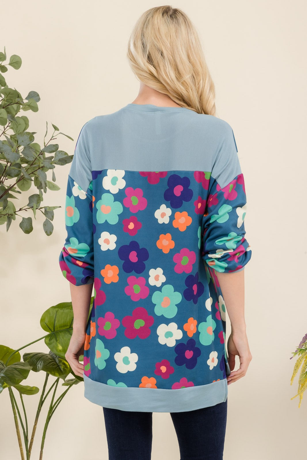 Celeste Full Size Side Slit Flower Print Long Sleeve Top - Smart Shopper