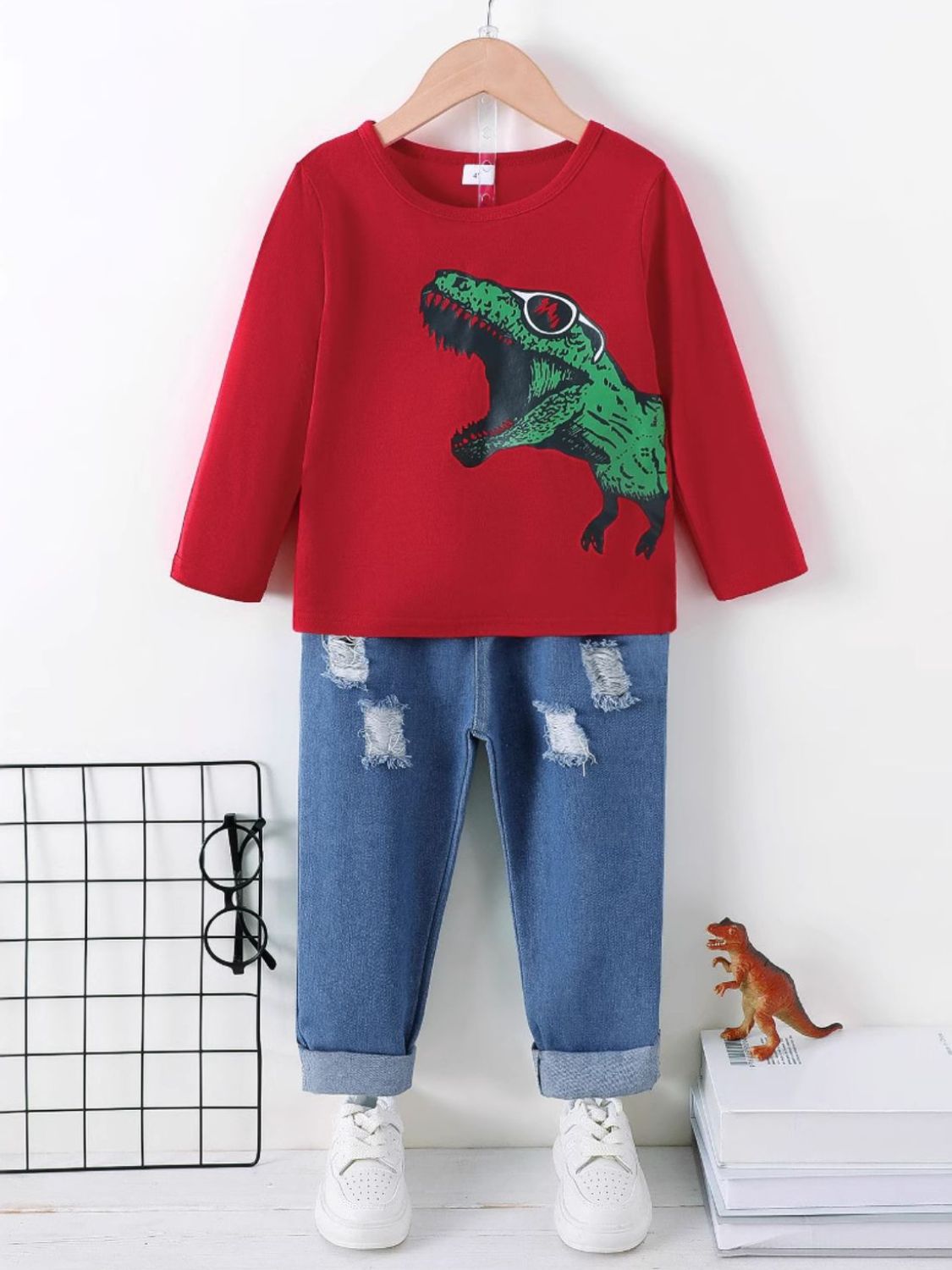 Dinosaur Round Neck Long Sleeve Top and Distressed Pants Set - Smart Shopper