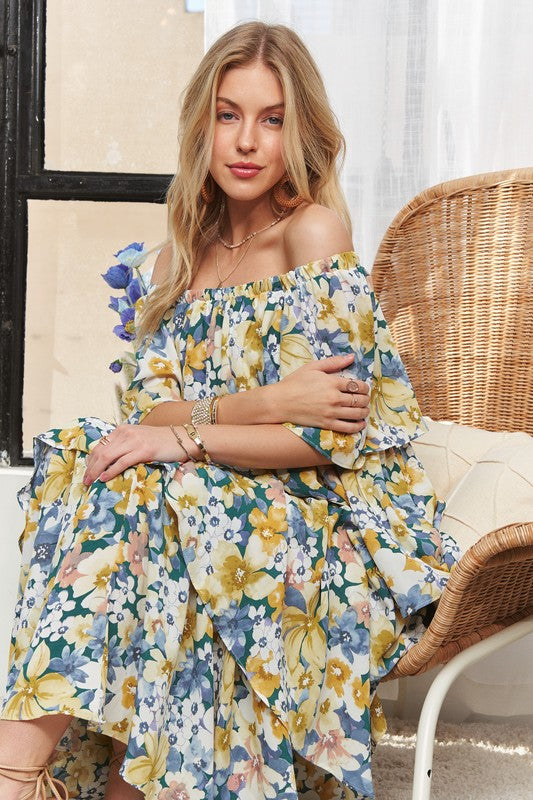 ADORA Layered Floral Off-Shoulder Short Sleeve Maxi Dress - Smart Shopper