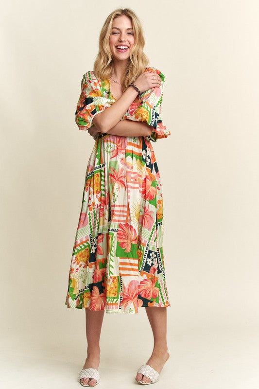 ADORA Floral V-Neck Puff Sleeve Midi Dress - Smart Shopper