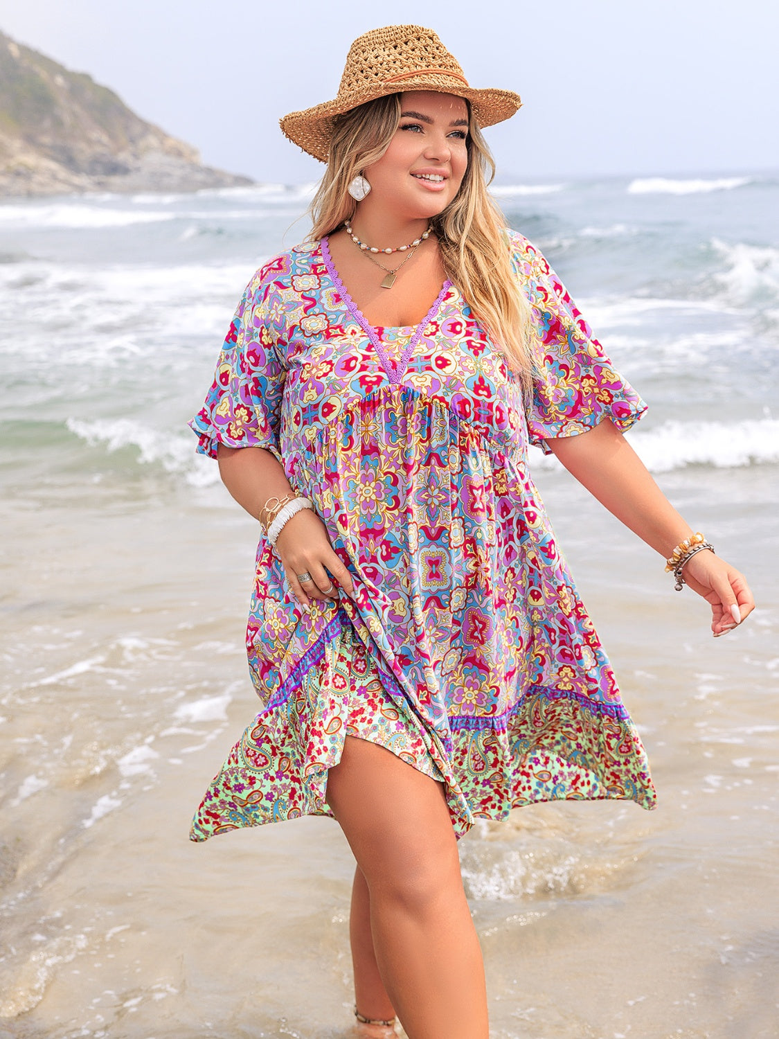 Plus Size Lace Detail Printed Half Sleeve Dress - Smart Shopper