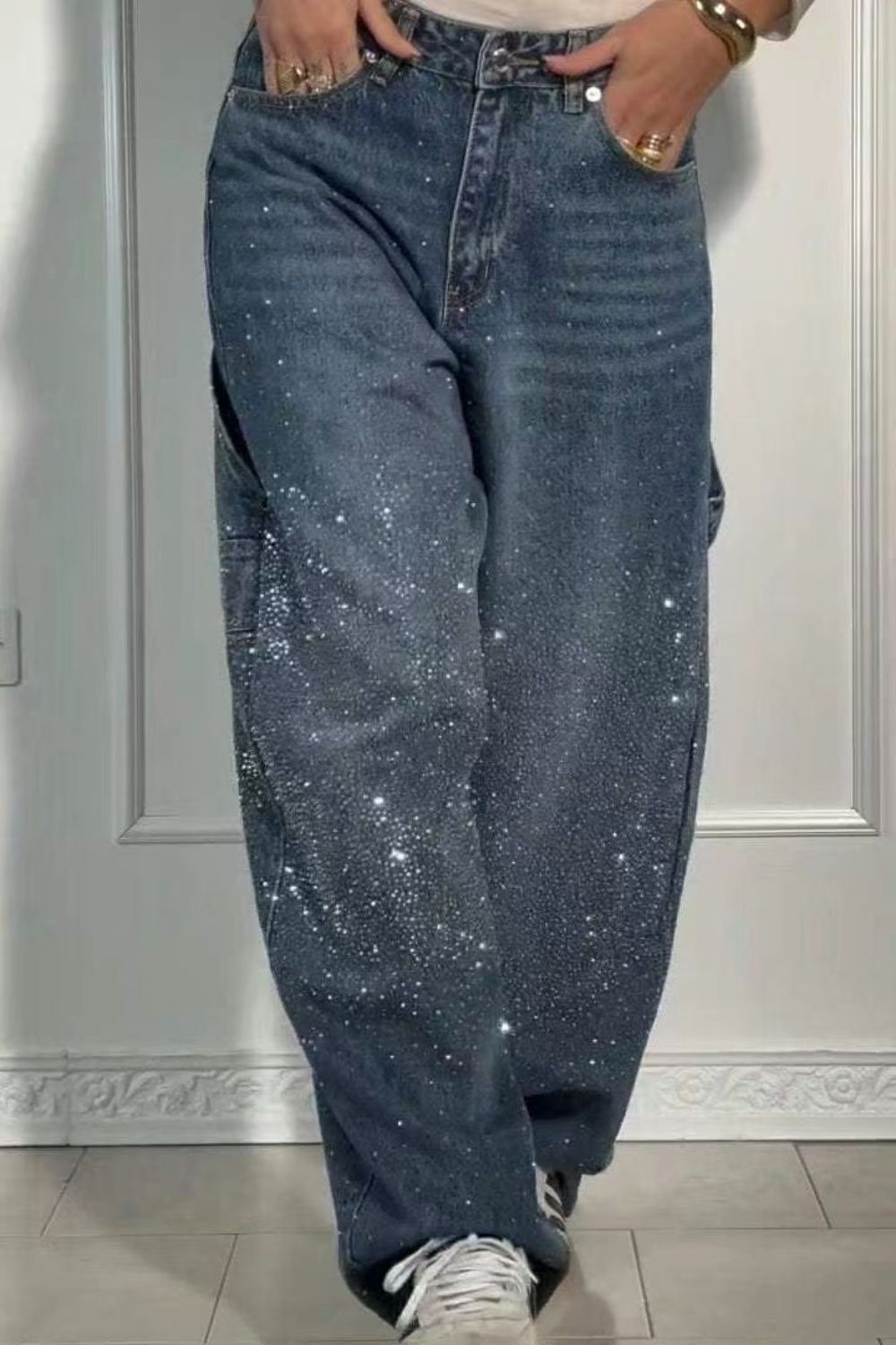 Full Size Washed Rhinestone Detail Wide leg Jeans Plus Size - Smart Shopper