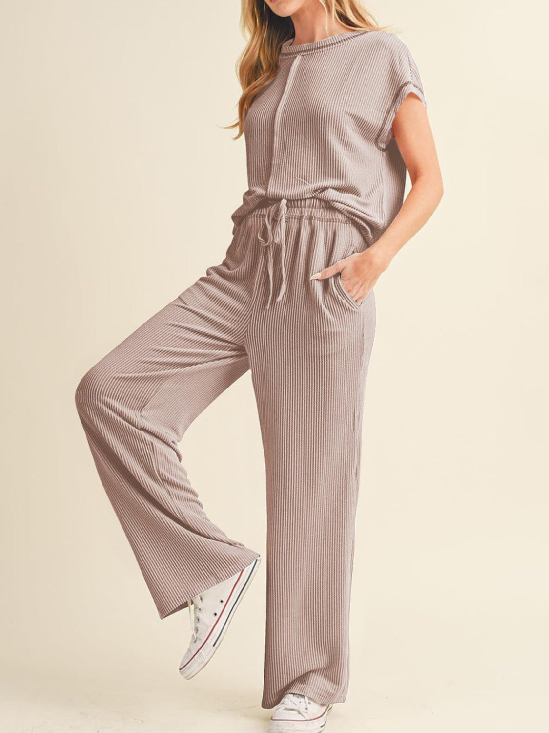 Ribbed Exposed Seam Top and Pants Set - Smart Shopper