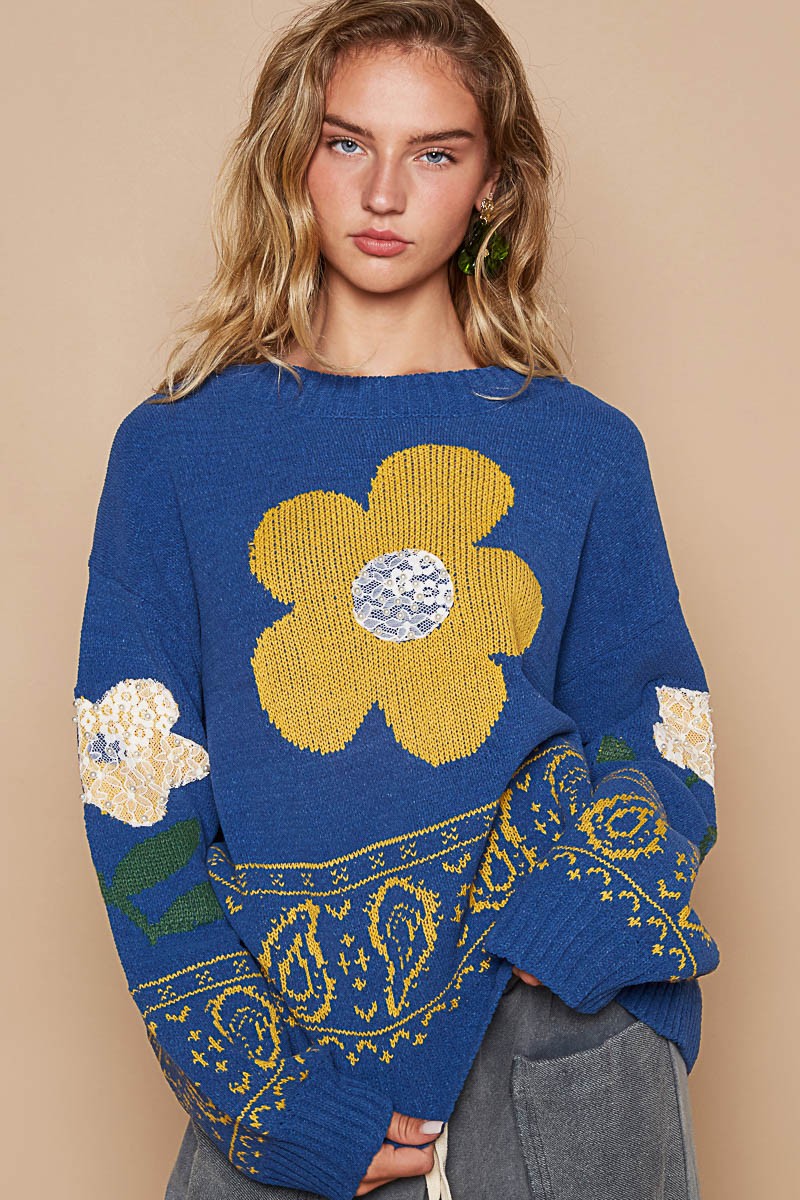 POL Flower Lace Patch Long Sleeve Sweater - Smart Shopper