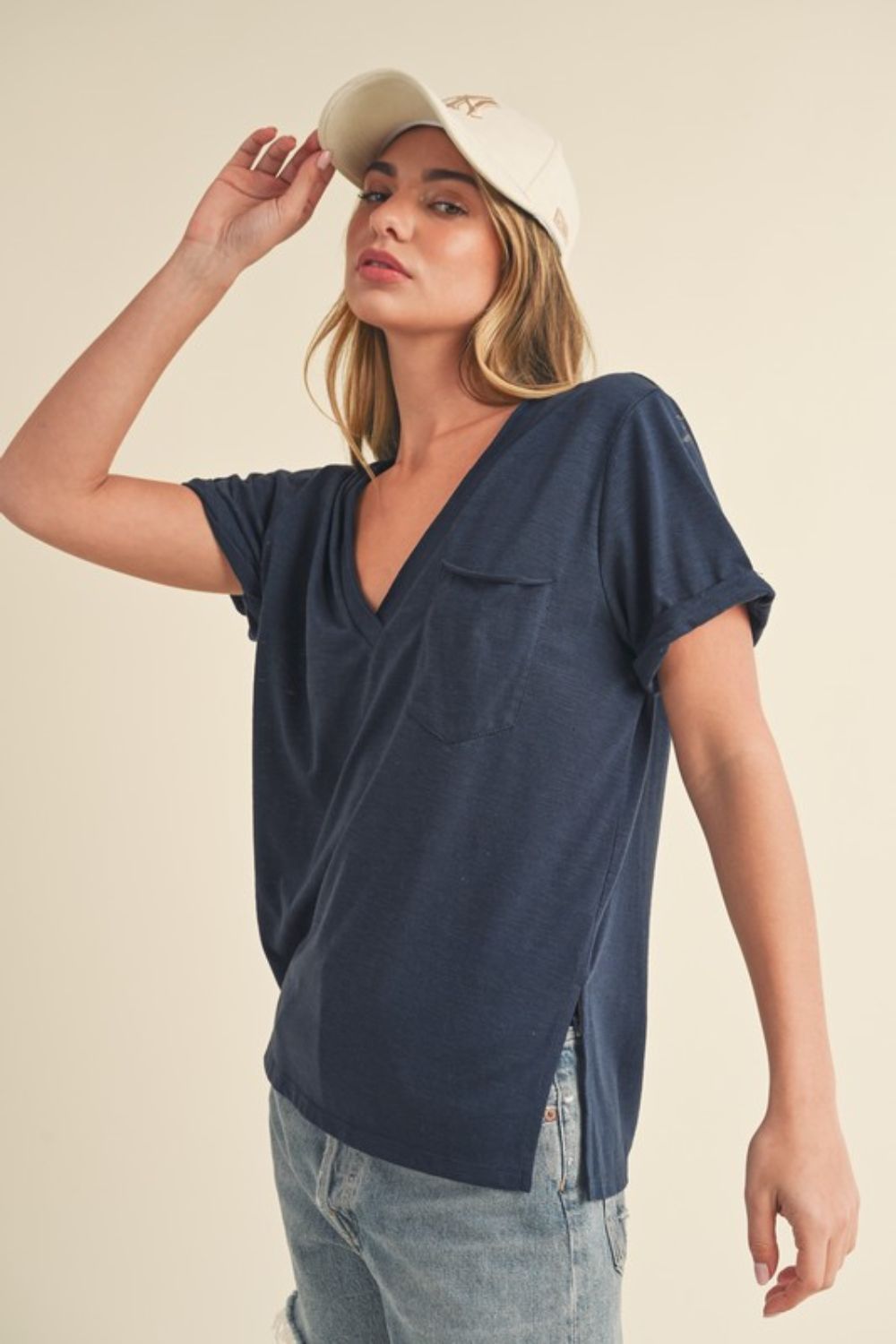 Aemi + Co Side Slit V-Neck Short Rolled Sleeve T-Shirt - Smart Shopper