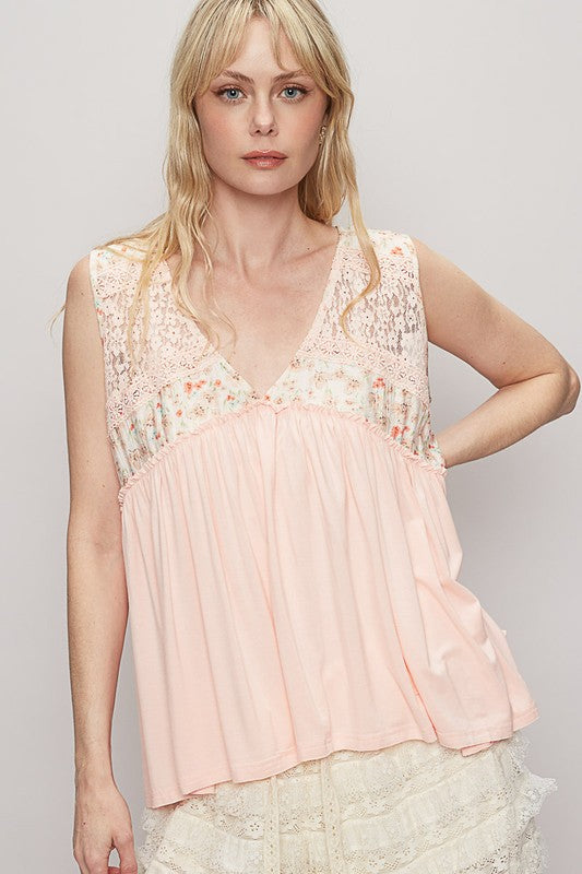 POL Lace Detail Frill Floral V-Neck Sleeveless Top - Smart Shopper