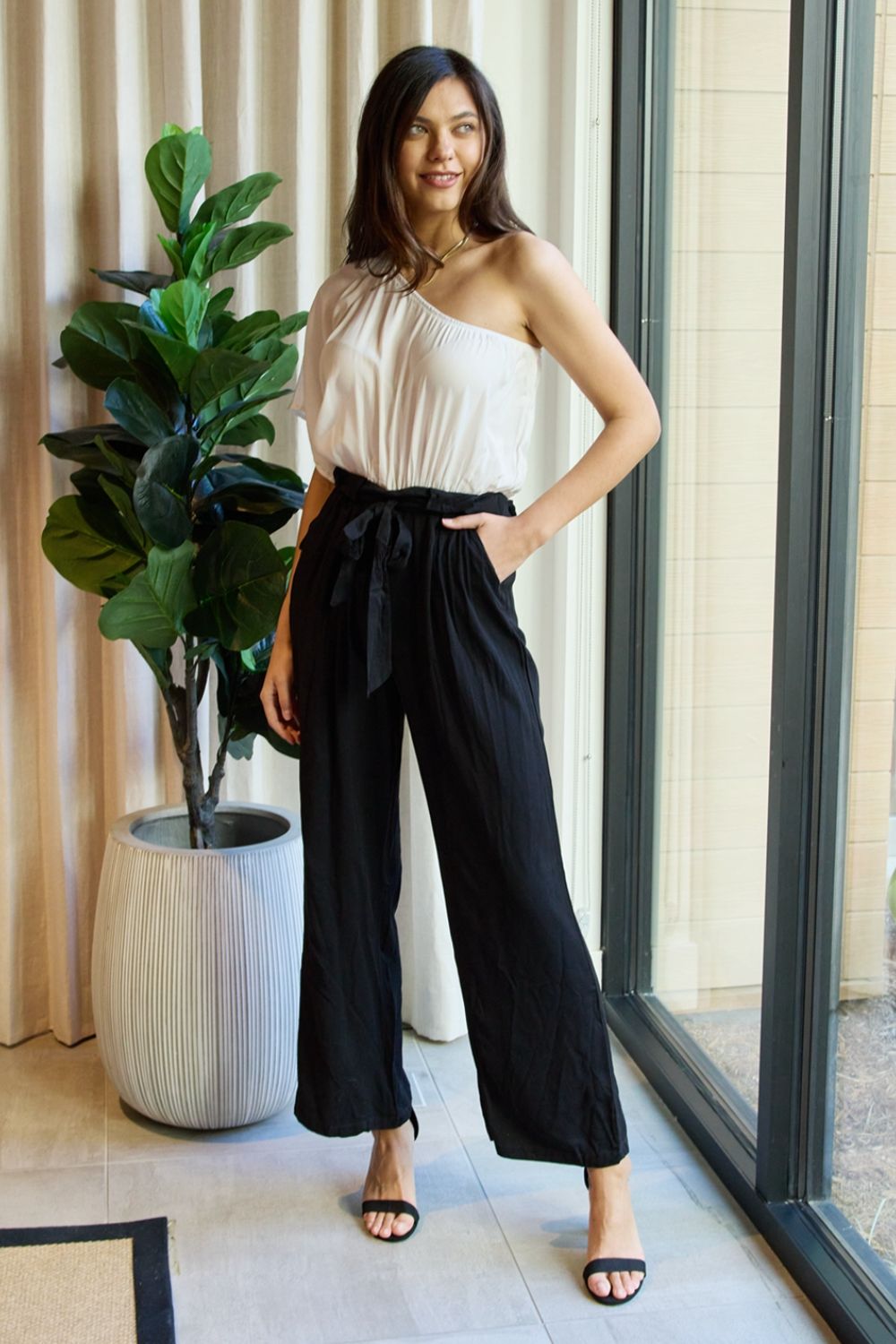 Dress Day Marvelous in Manhattan One-Shoulder Jumpsuit in White/Black - Smart Shopper