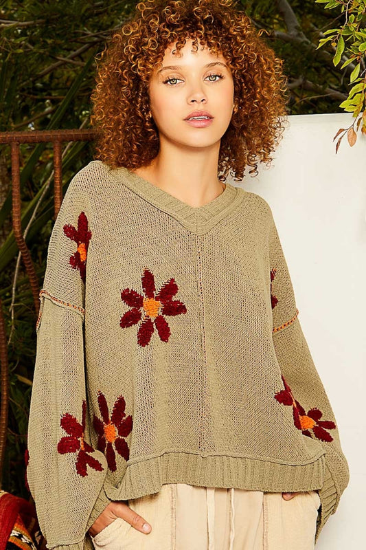 POL V-Neck Floral Pattern Chenille Sweater - Smart Shopper