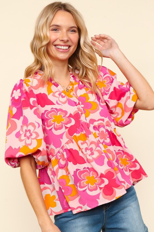 Haptics Full Size Frill Floral Puff Sleeve Blouse - Smart Shopper