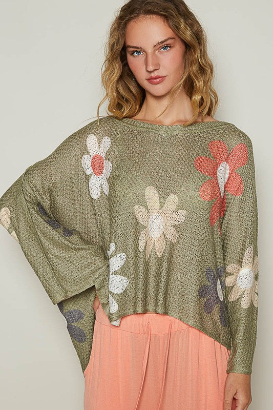 POL Flower Dropped Shoulder Long Sleeve Knit Top - Smart Shopper