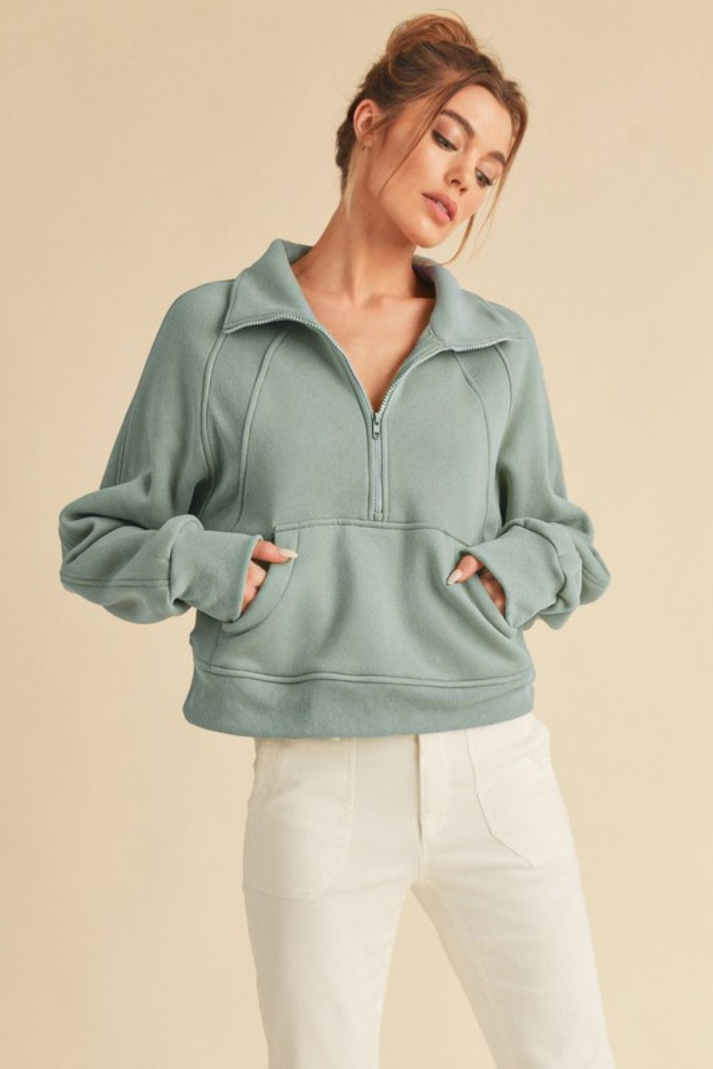 Aemi + Co Half Zip Raglan Sleeve Sweatshirt with Kangaroo Pocket - Smart Shopper