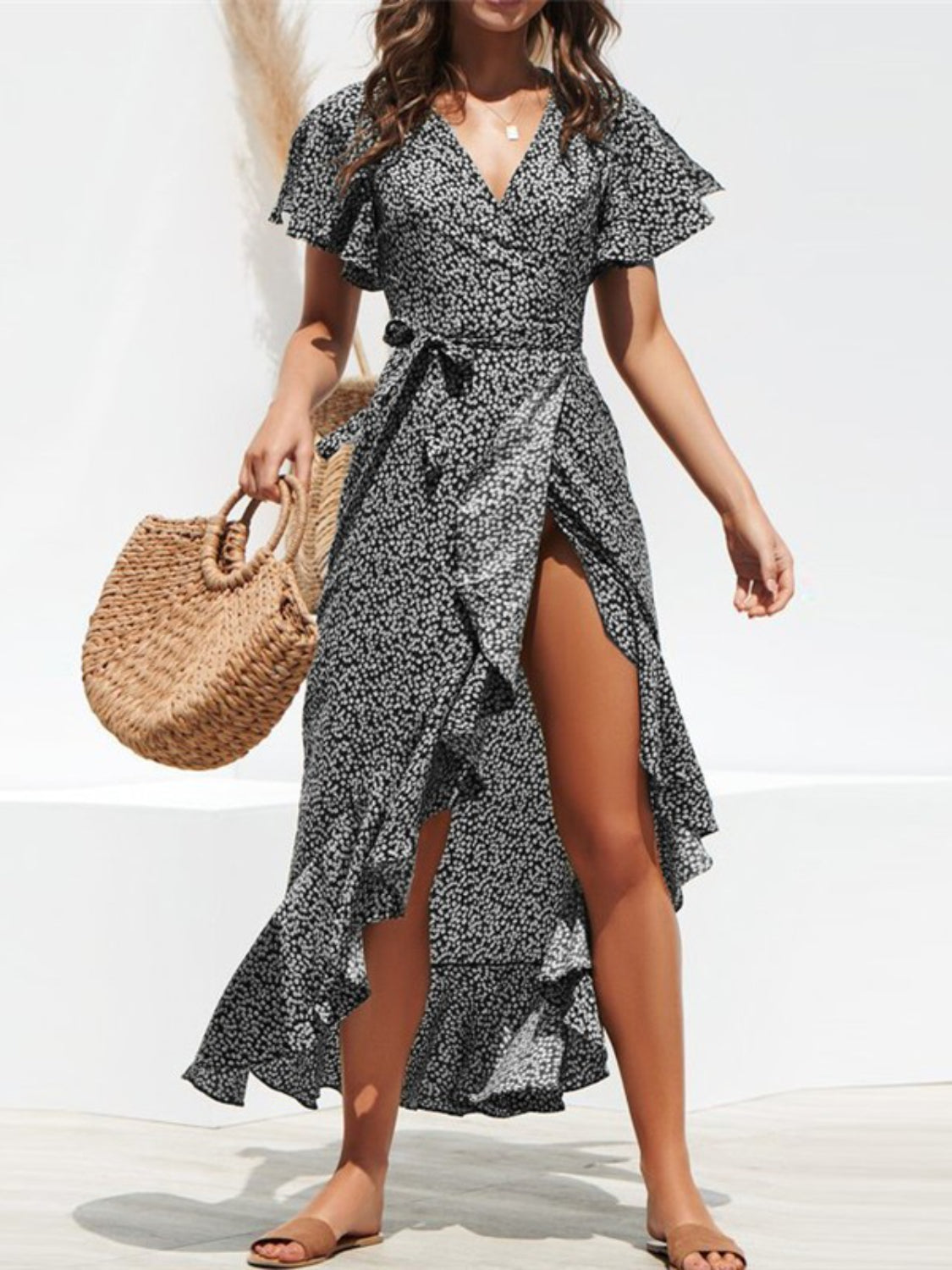 Tied Ruffled Printed Short Sleeve Midi Wrap Dress - Smart Shopper