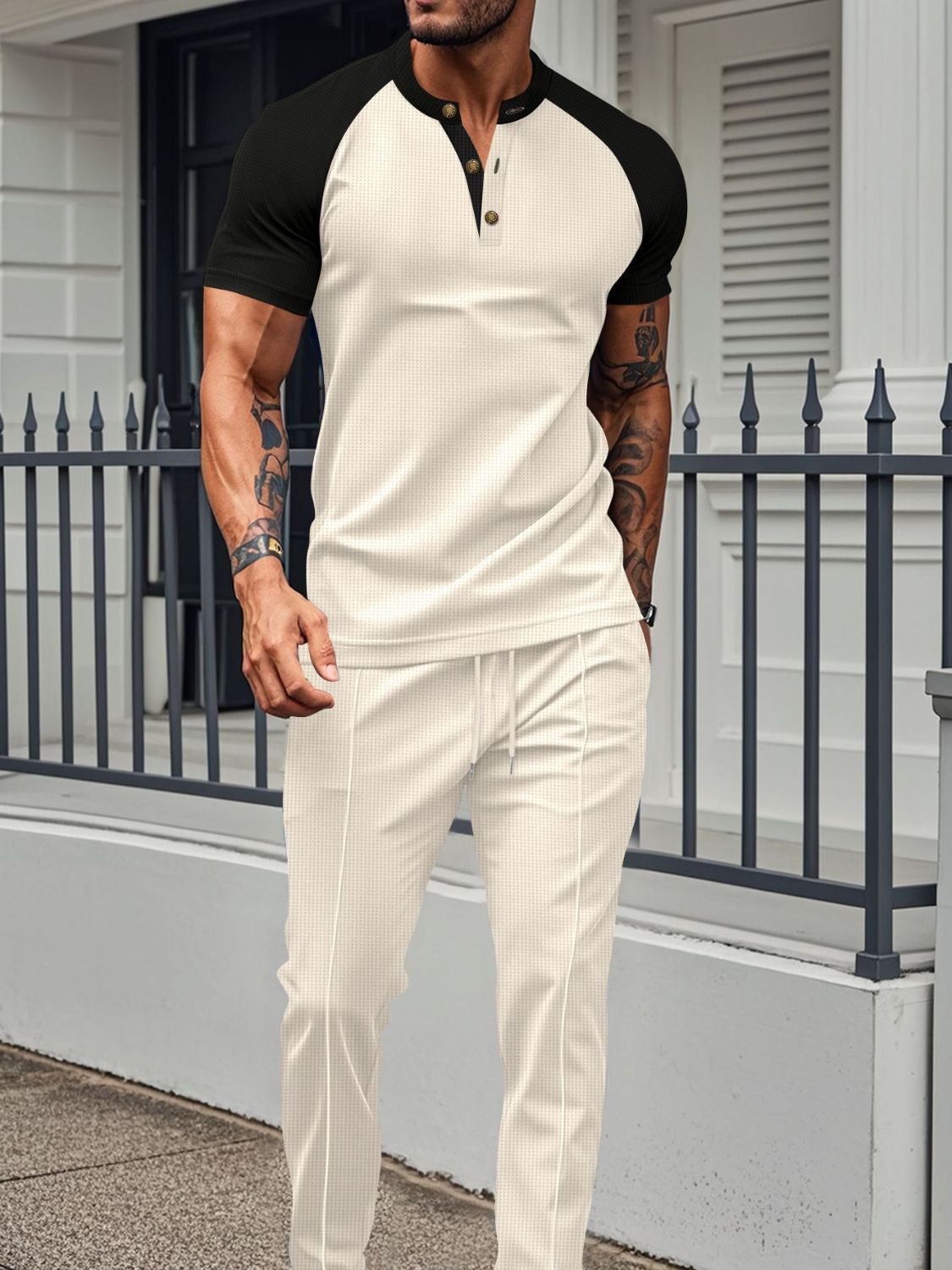 Men's Full Size Waffle-Knit Contrast Top and Drawstring Pants Set Plus Size - Smart Shopper