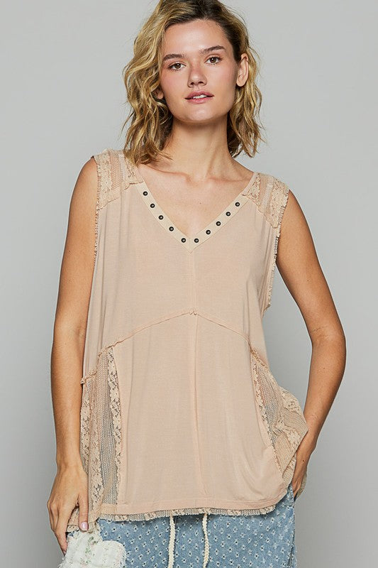 POL Lace Detail Studded Crisscross Back V-Neck Sleeveless Top - Smart Shopper