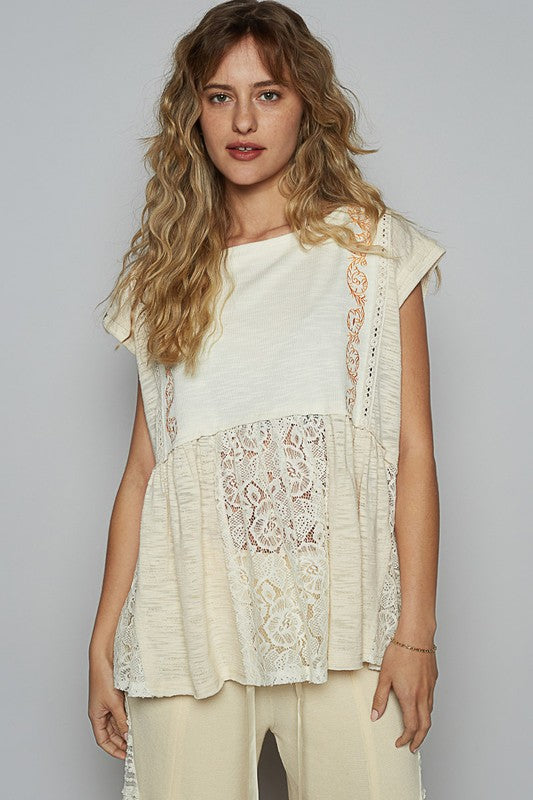 POL Embroidered Detail Boat Neck Cap Sleeve Lace Blouse - Smart Shopper