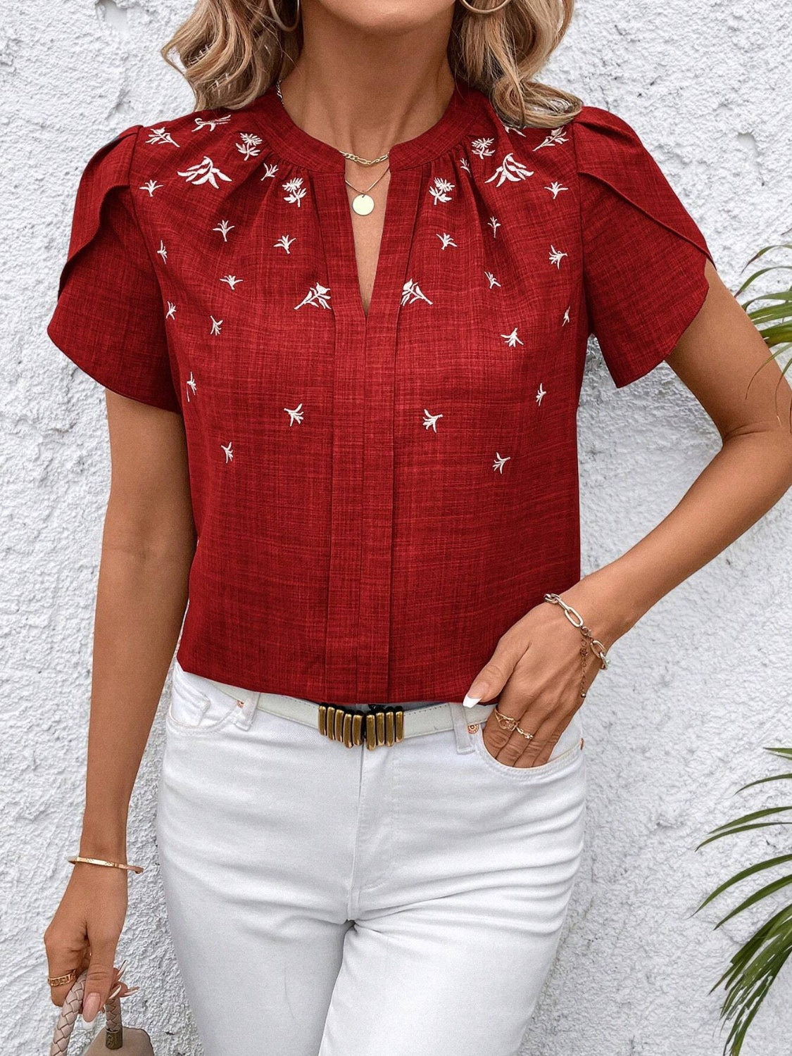 Floral Notched Short Sleeve Blouse - Smart Shopper