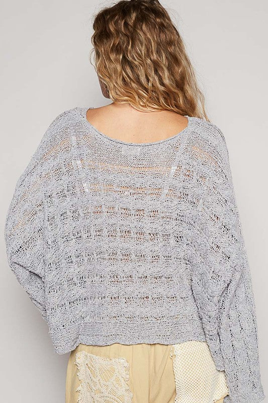 POL Cable-Knit Openwork Round Neck Cropped Knit Top - Smart Shopper