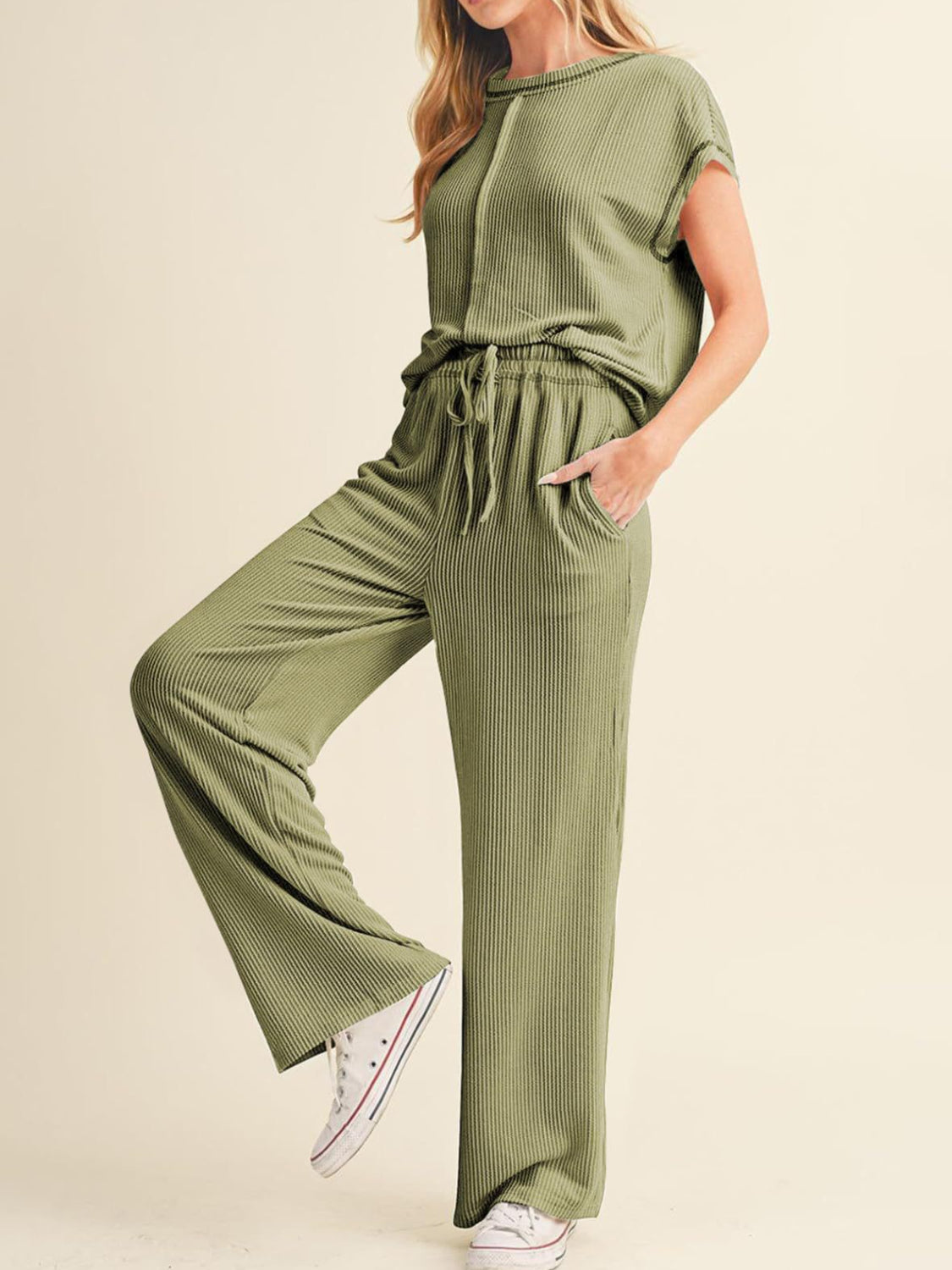 Ribbed Exposed Seam Top and Pants Set - Smart Shopper