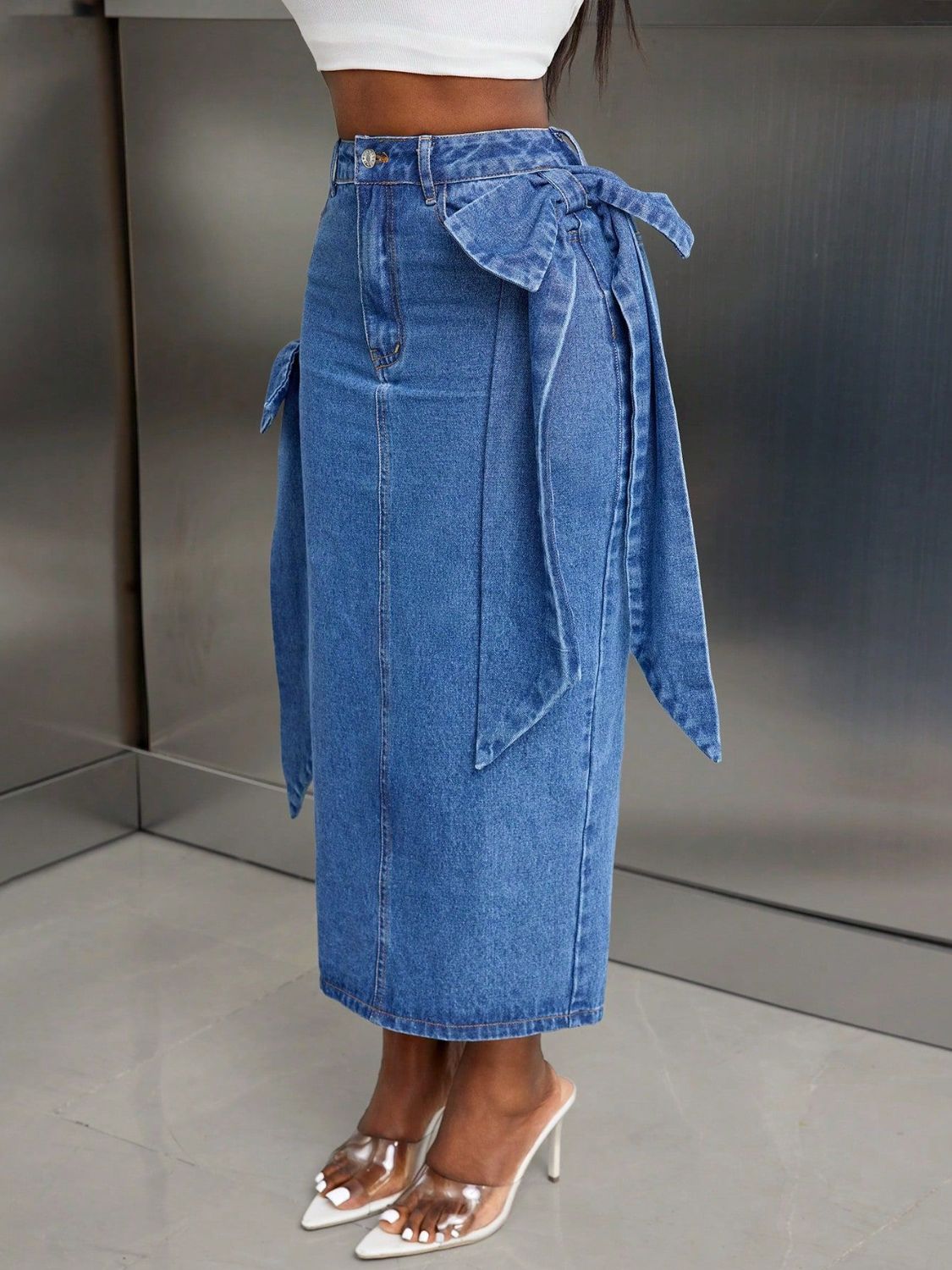 Bow Slit Back Denim Skirt - Smart Shopper