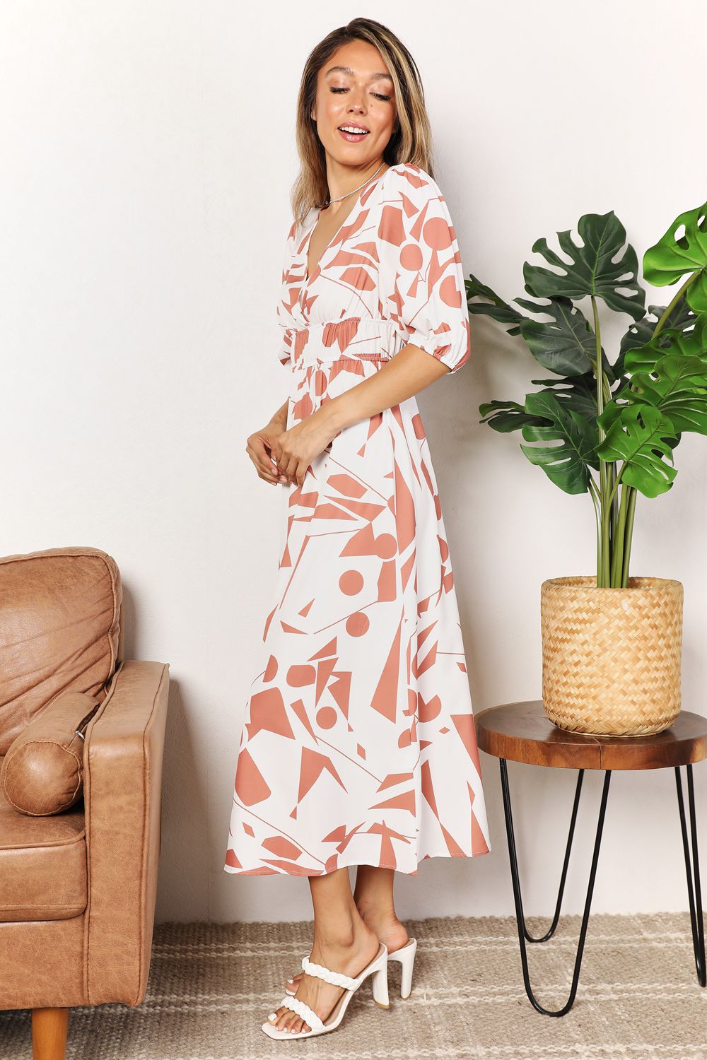 Printed Surplice Balloon Sleeve Dress - Smart Shopper