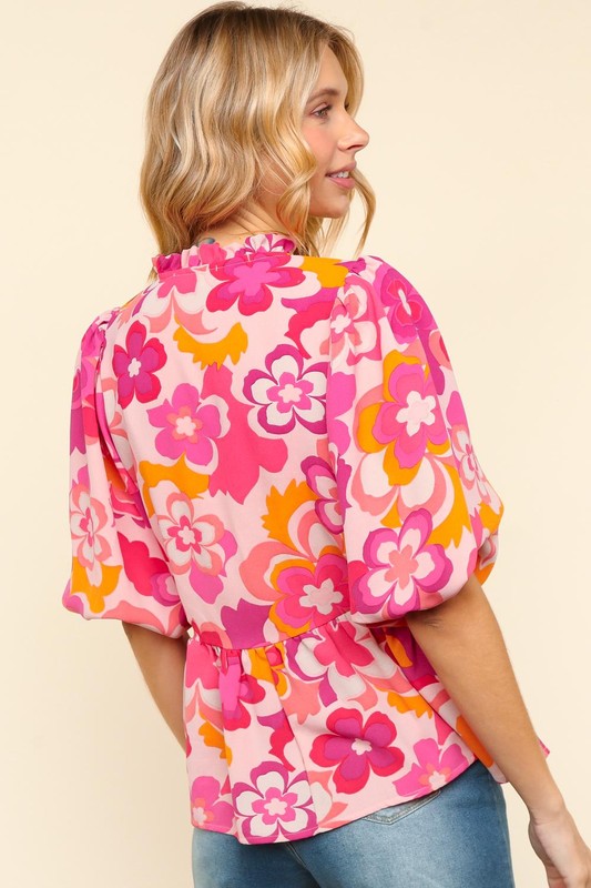 Haptics Full Size Frill Floral Puff Sleeve Blouse - Smart Shopper