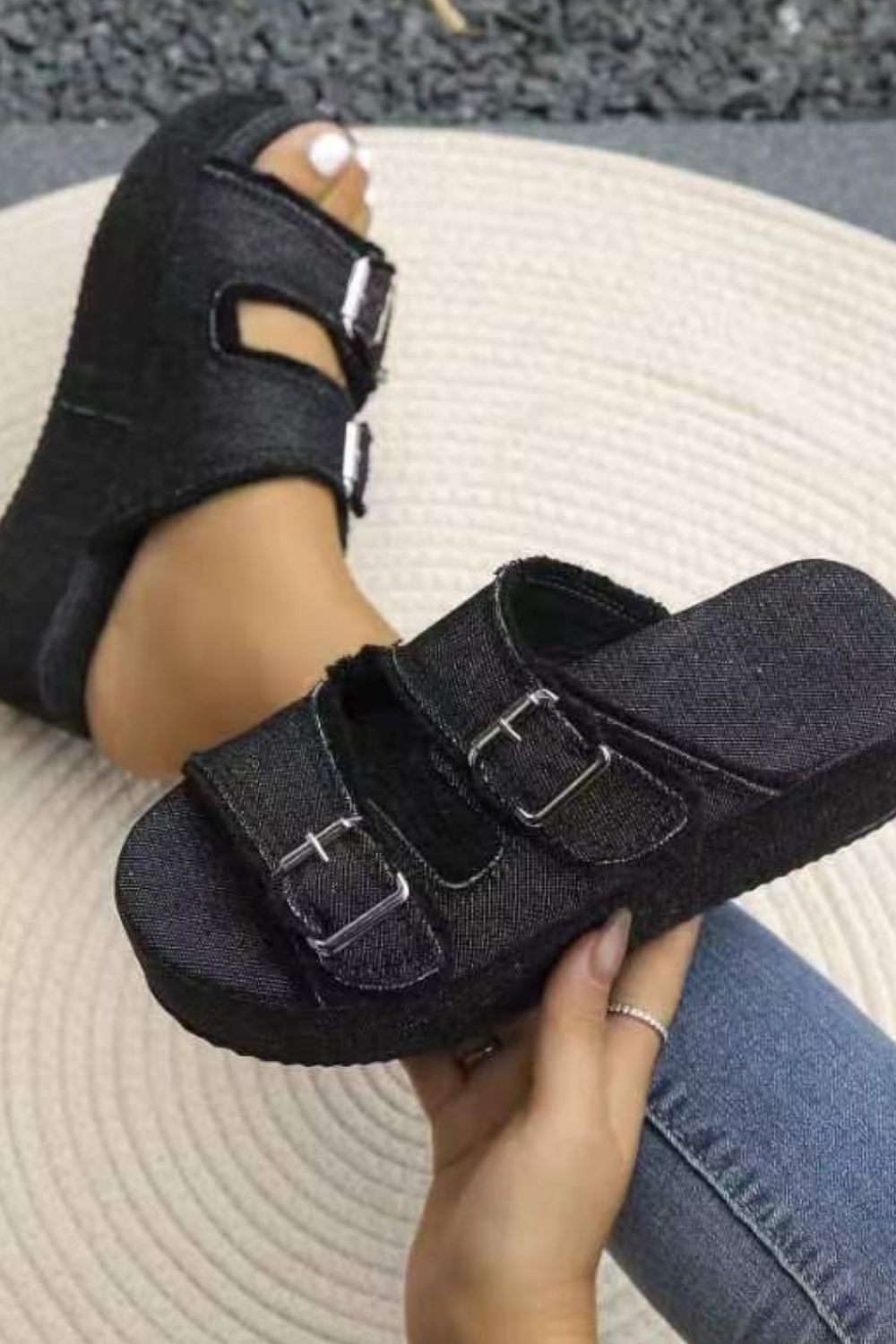 Raw Hem Wedge Buckle Sandals - Smart Shopper