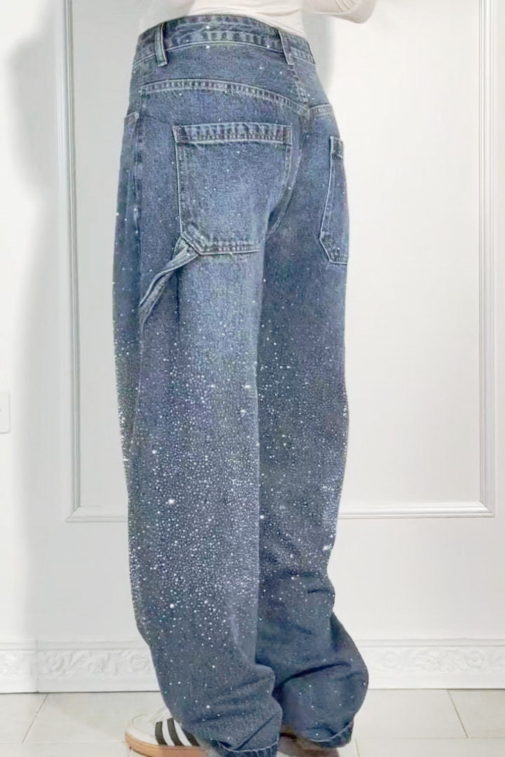 Full Size Washed Rhinestone Detail Wide leg Jeans Plus Size - Smart Shopper