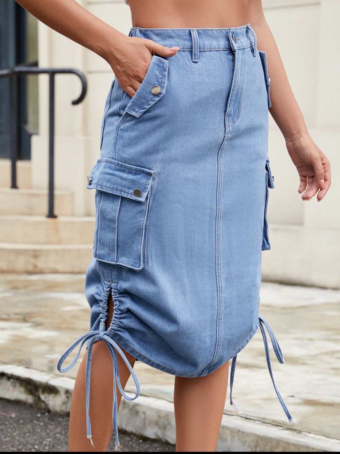 Drawstring Denim Skirt with Cargo Pockets - Smart Shopper