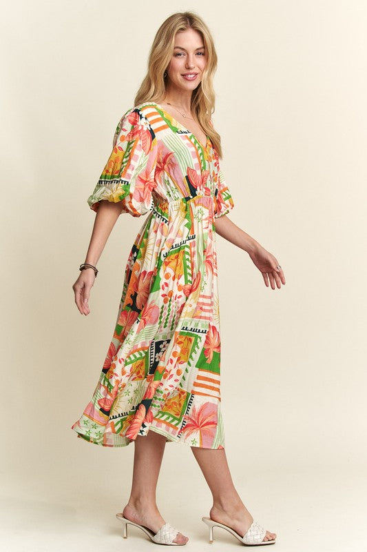 ADORA Floral V-Neck Puff Sleeve Midi Dress - Smart Shopper