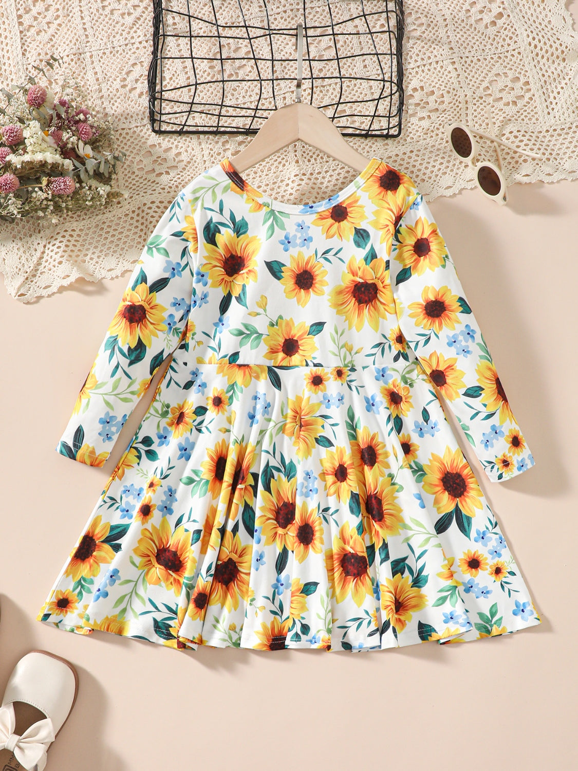 Kids Sunflower Print Round Neck Long Sleeve Dress - Smart Shopper