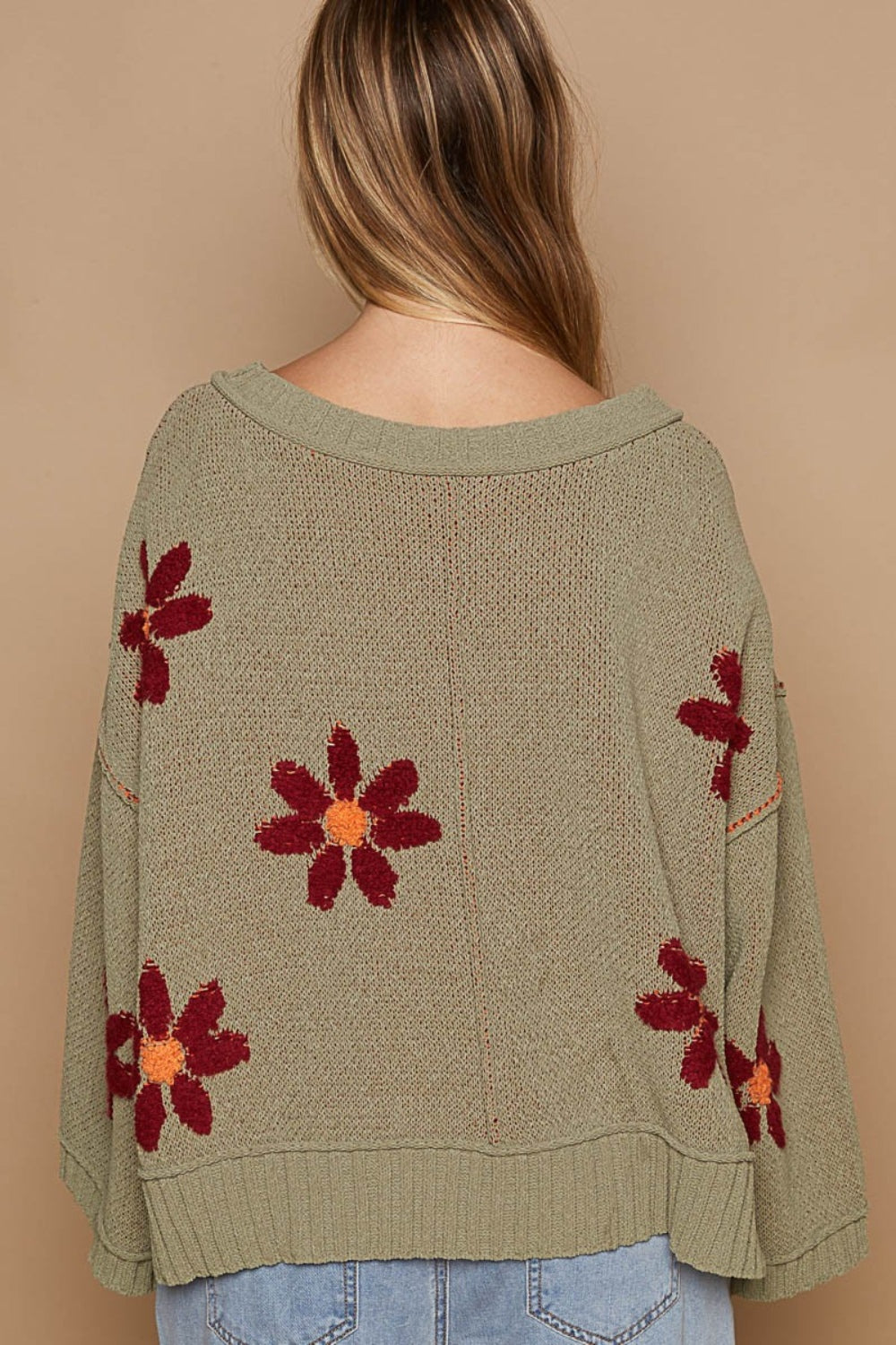 POL V-Neck Floral Pattern Chenille Sweater - Smart Shopper