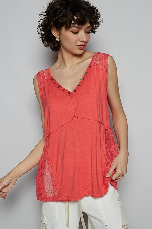 POL Lace Detail Studded Crisscross Back V-Neck Sleeveless Top - Smart Shopper