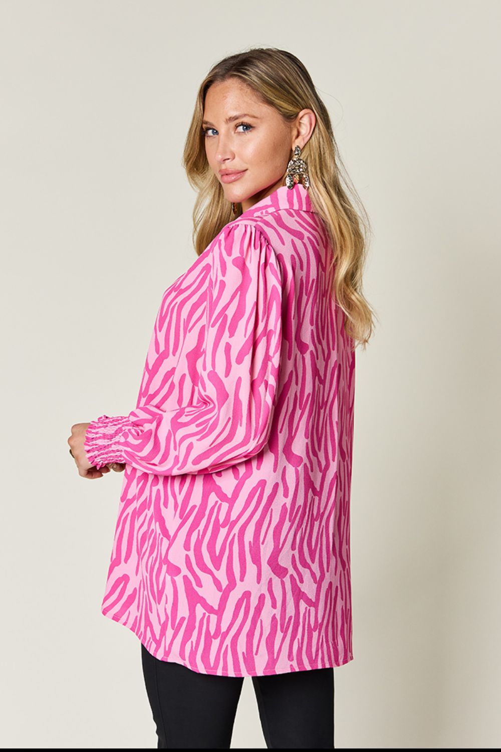 Double Take Full Size Printed Smocked Long Sleeve Blouse - Smart Shopper