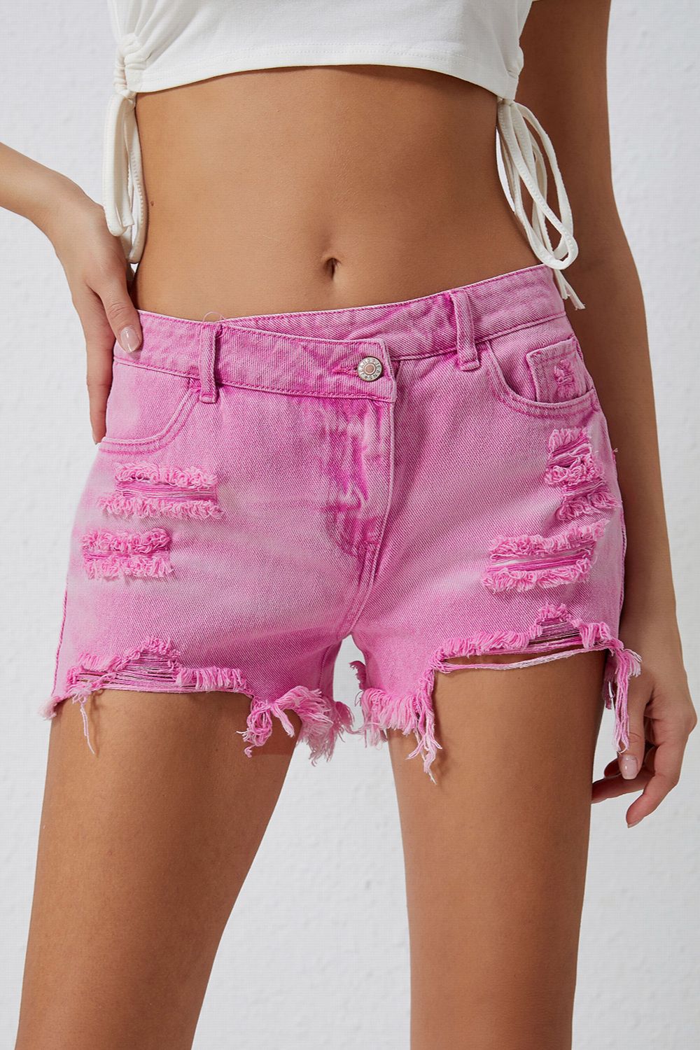 High Rise Crossover Waist Denim Shorts - Smart Shopper