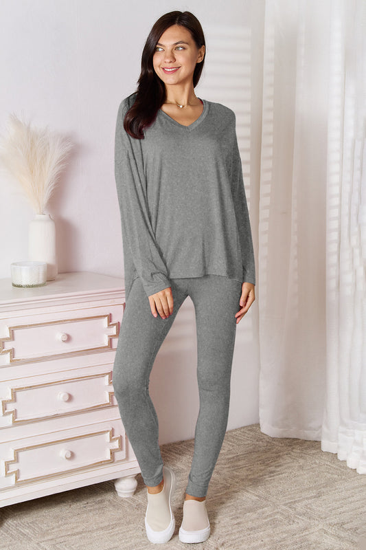 Basic Bae Bamboo Full Size V-Neck Long Sleeve Top and Pants Lounge Set - Smart Shopper