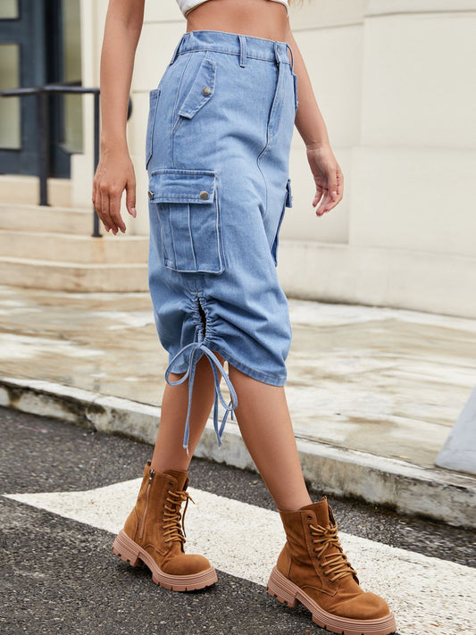 Drawstring Denim Skirt with Cargo Pockets - Smart Shopper