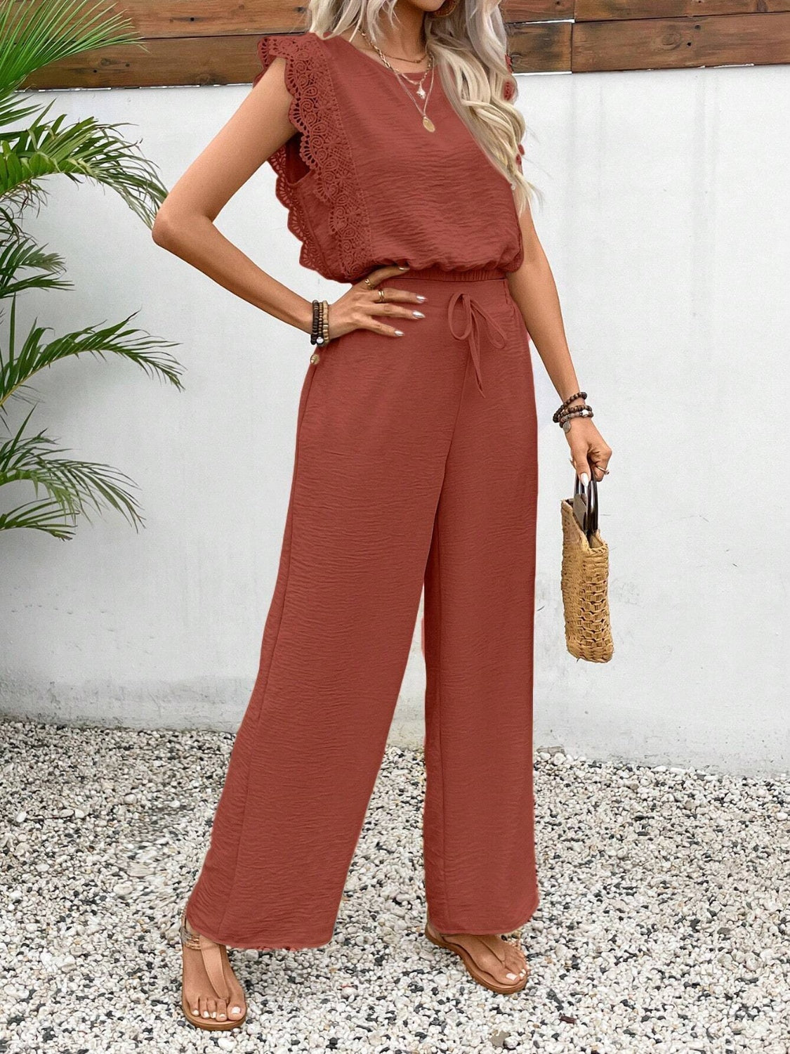 Lace Trim Round Neck Top and Pants Set - Smart Shopper