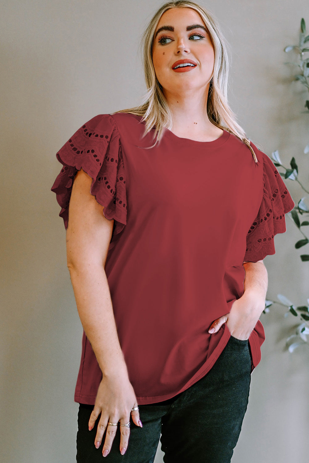 Plus Size Eyelet Round Neck Short Sleeve Blouse - Smart Shopper