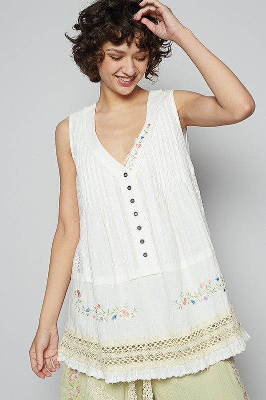 POL Embroidered Lace Detail V-Neck Sleeveless Top - Smart Shopper