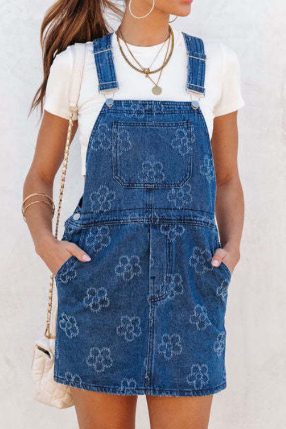 Flower Print Square Neck Denim Overall Dress - Smart Shopper