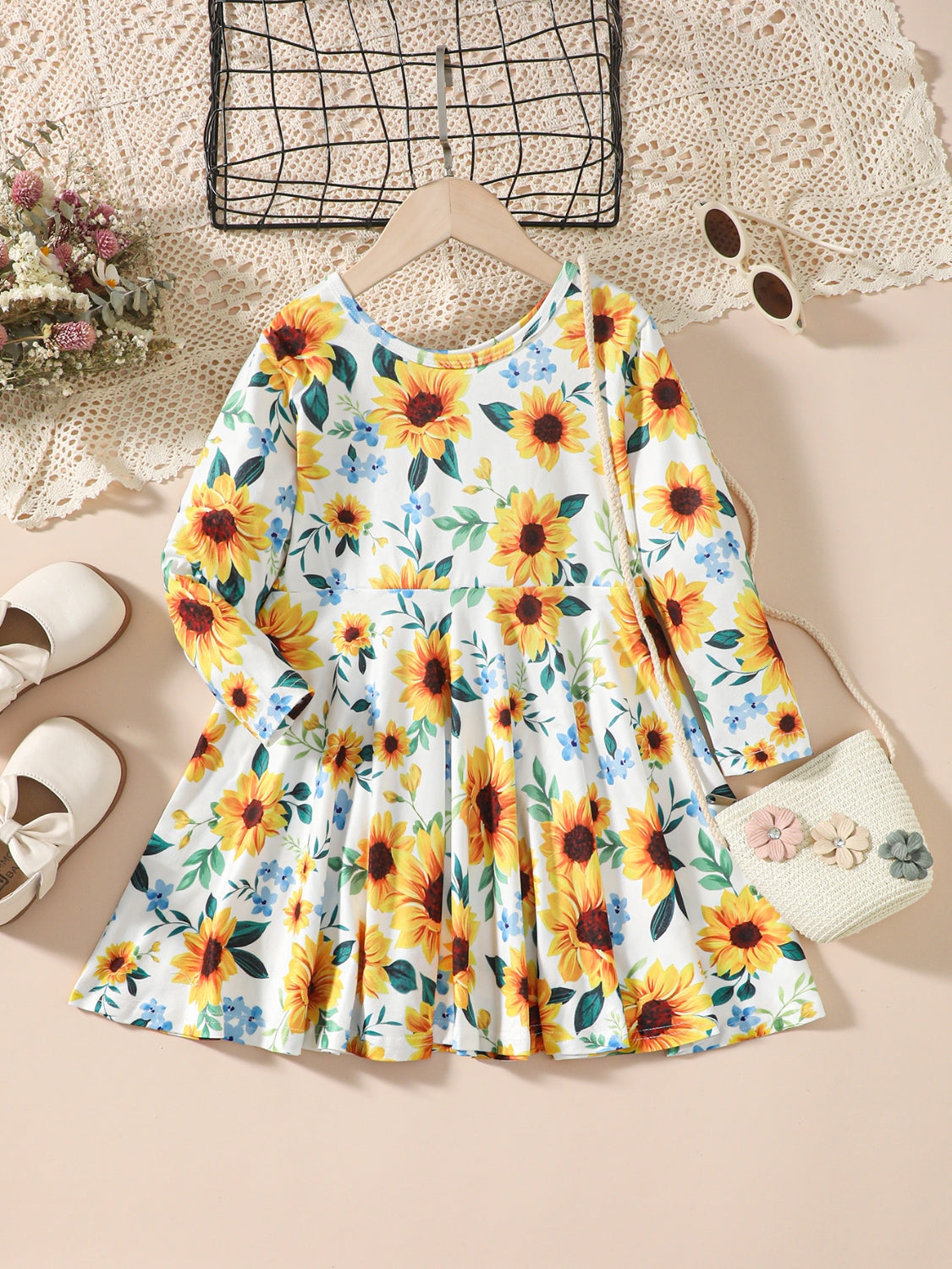 Kids Sunflower Print Round Neck Long Sleeve Dress - Smart Shopper