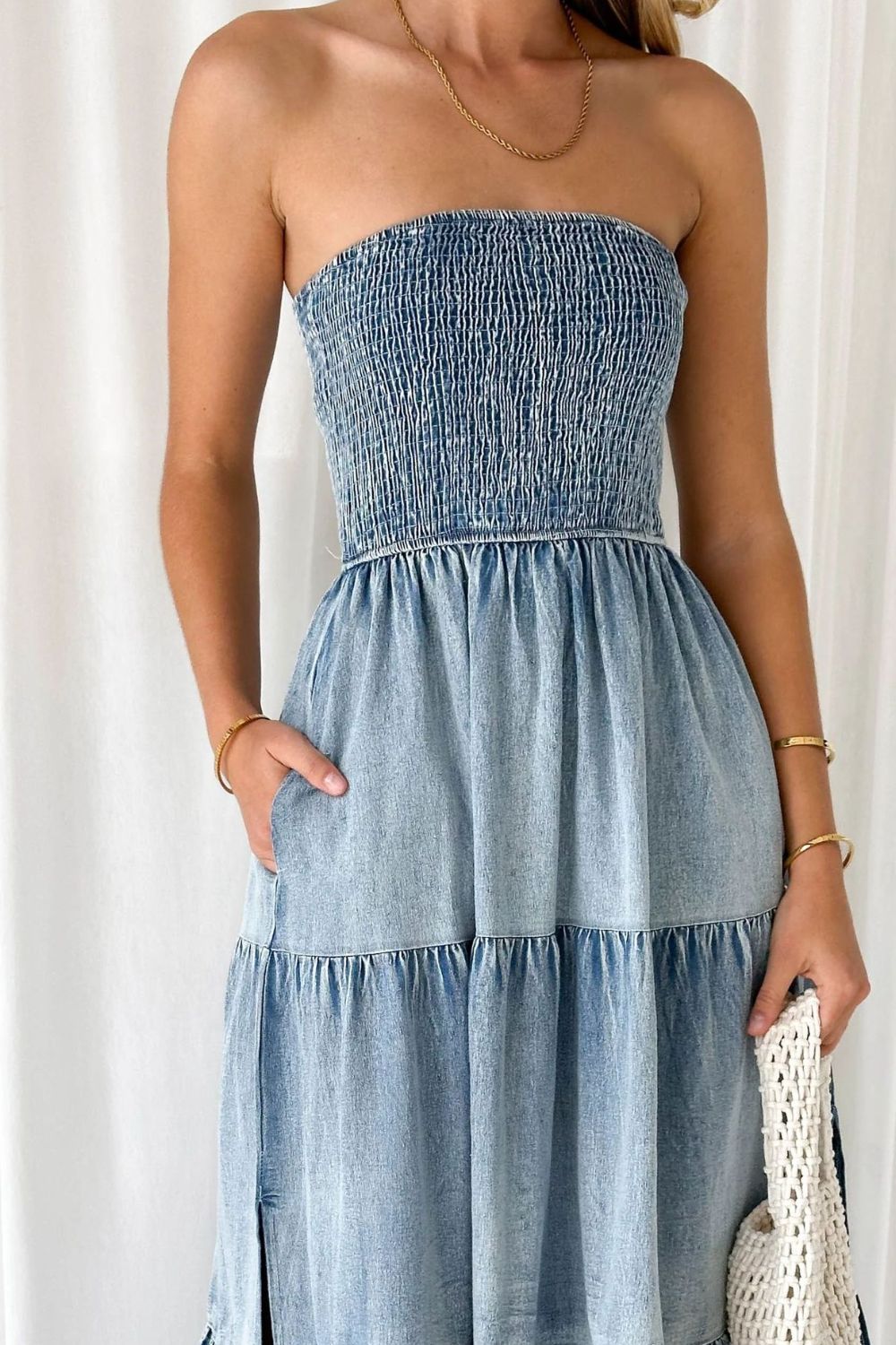 Smocked Tube Slit Tiered Denim Dress - Smart Shopper