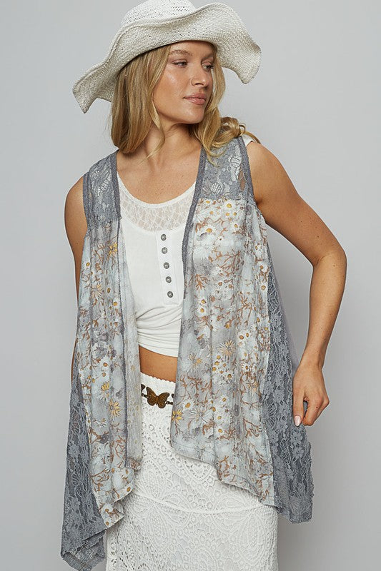 POL Lace Patchwork Floral Open Front Sleeveless Cardigan - Smart Shopper